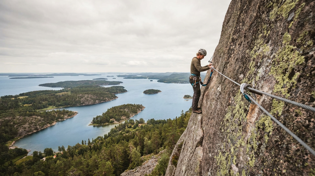 En person som provar via ferrata skuleberget längs bergets branta klippvägg.